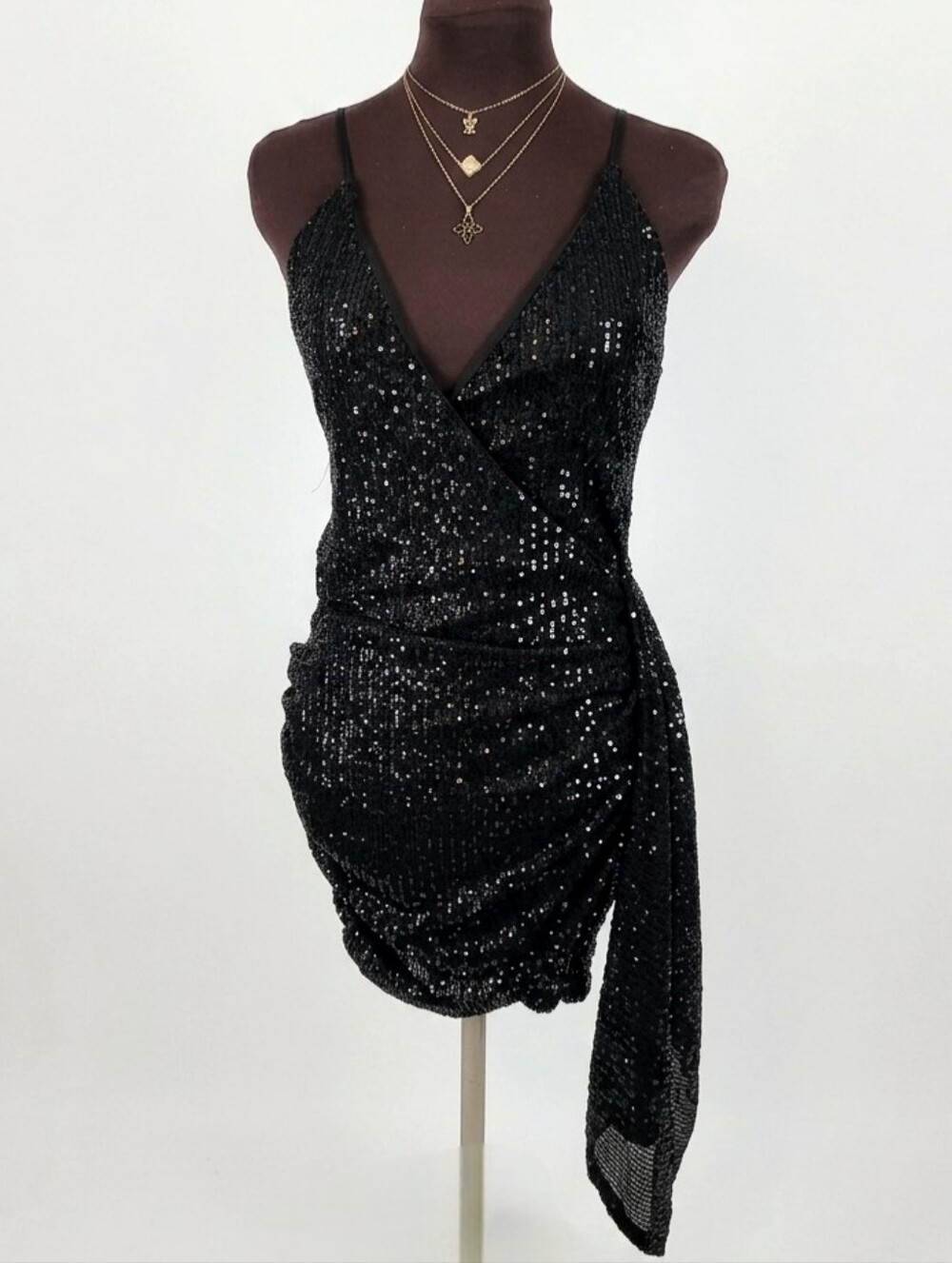 New Black Sequin Wrap Mini Dress with Side Drape